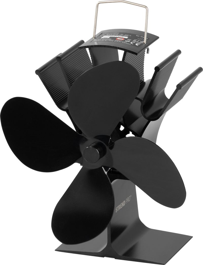 Ventilátor Strend Pro, krbový, stojanový, poháňaný teplom, 4-lopatkový, čierny