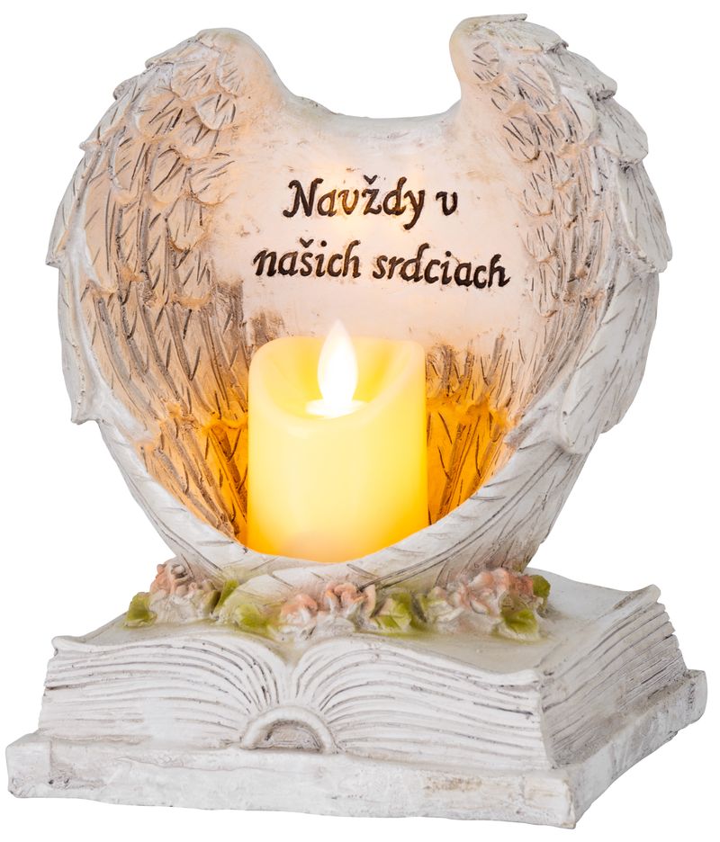 Dekorácia MagicHome, Anjelské krídla na knihe so sviečkou, 1xLED, polyresin, na hrob, 18x13,5x20 cm