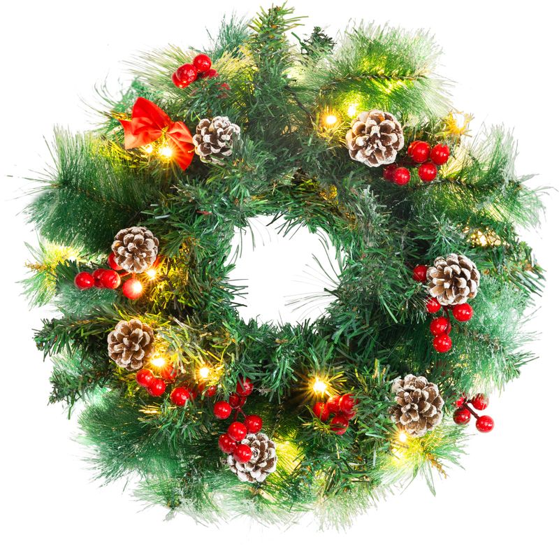 Veniec MagicHome Vianoce, prírodný, so šiškami, 20x LED, teplá biela, 3xAA, 8 funkcií, 30 cm