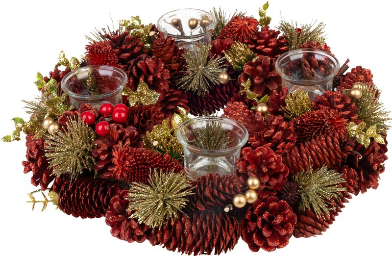 Veniec MagicHome Vianoce, adventný, prírodný, červený, 37x9 cm