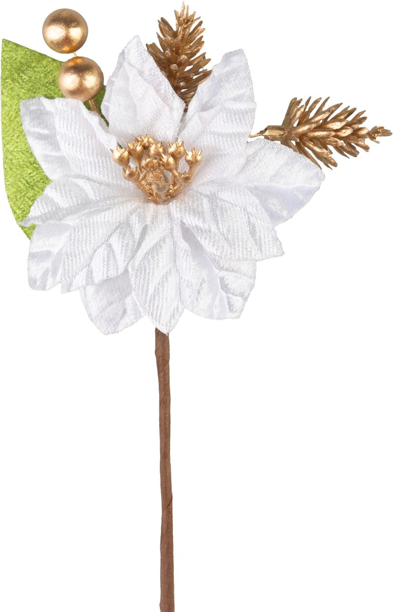 Vetvička MagicHome Vianoce, s kvetom poinsettia, biela,16 cm