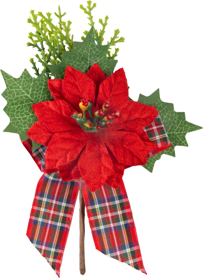 Vetvička MagicHome Vianoce, s kvetom poinsettia a stuhou, červená, 17 cm
