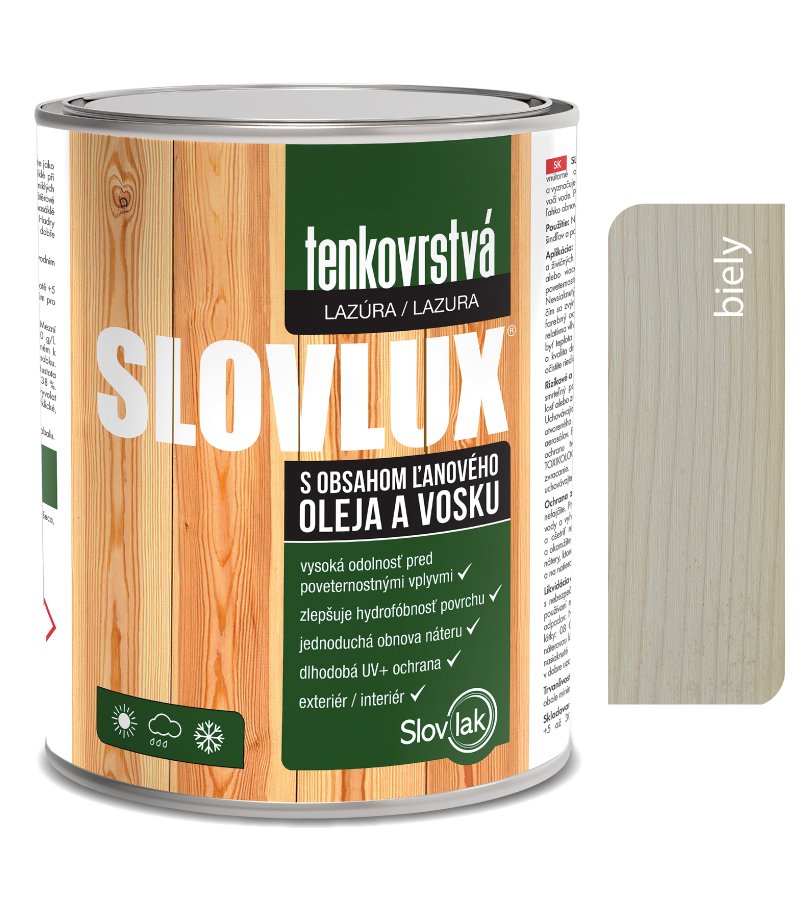Slovlak Slovlux Tenkovrstvá lazúra na drevo, biela 0,7l