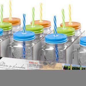 Pohár MagicHome, sklenený, so slamkou, s farebným viečkom, sklo, 480 ml, Sellbox 12 ks